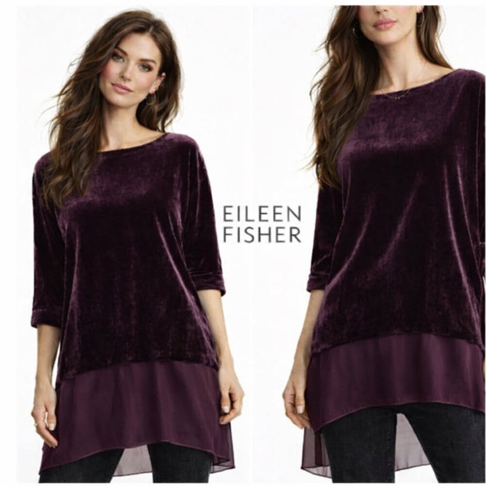 Eileen Fisher Raisinette Velvet Sheer Silk Tunic Hi Low Hem Bateau Neck medium